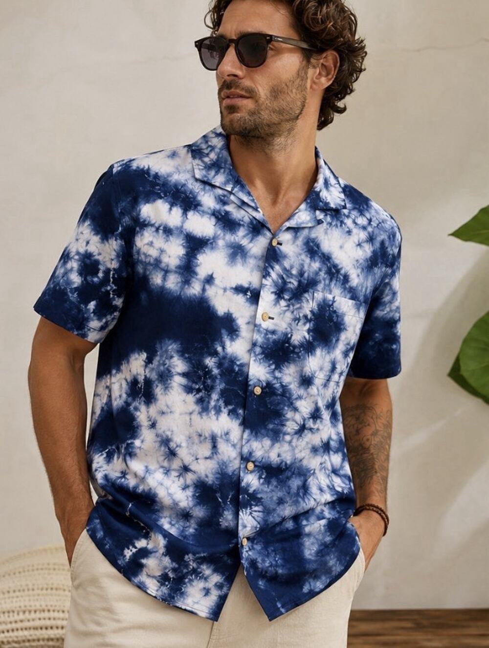 Outerknown BBQ Camp Shirt Mens Large Blue Tie Dye Organic Cotton Loop Collar